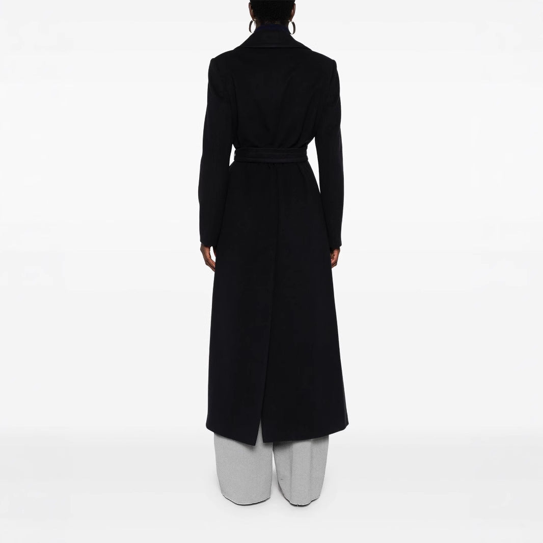 Damen Langer Wickelcoat aus Wollmix mit Bindegürtel und breitem Revers Echoarchiv