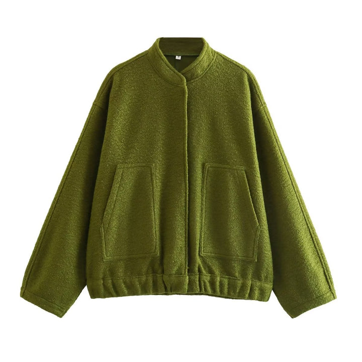 Damen boxy Wollmix-Blouson mit Stehkragen, verdeckter Frontleiste, Eingrifftaschen und elastischem Saum – Célinea