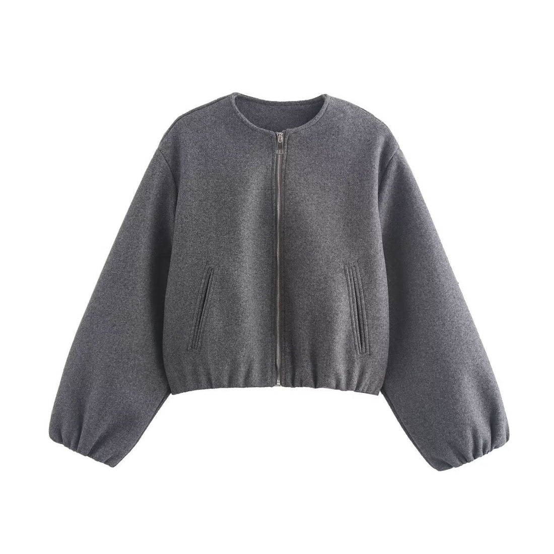 Damen Kurze Cropped-Bomberjacke im Velours-Suede-Look mit Rundhalsausschnitt, Reißverschluss und Ballonärmeln Echoarchiv