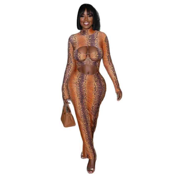 Damen Maxikleid mit elegantem Schlangenhautmuster und hoch geschlossenem Kragen Echo Archiv