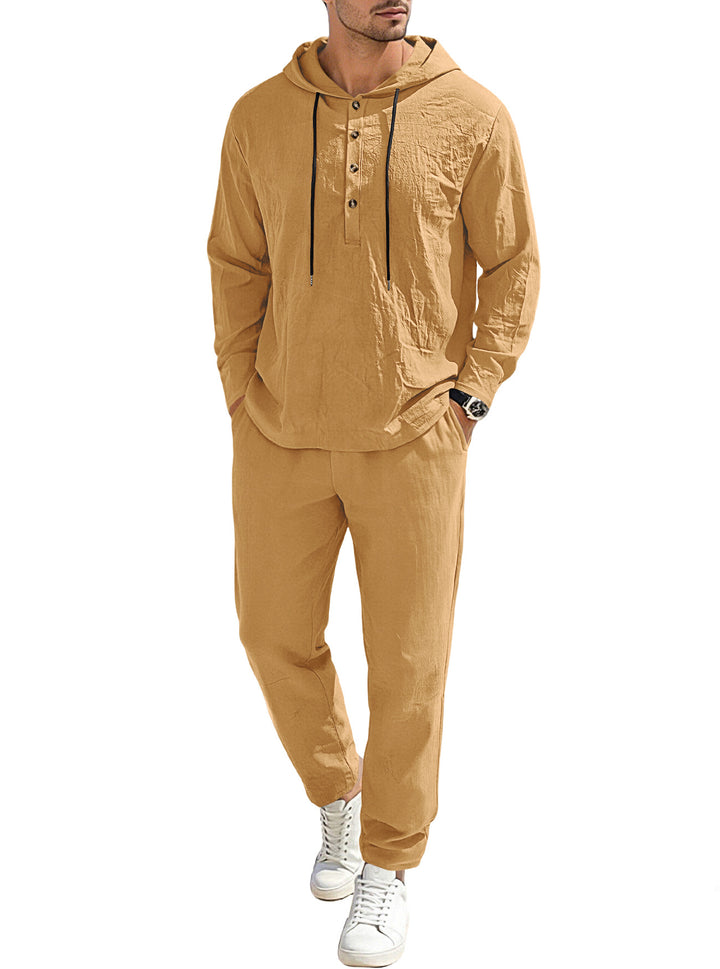 Herren nan entspannter Kapuzen-Henley Freizeitanzug aus leichter Baumwollmischung in Leinenoptik mit Kordelzug und elastischer Bundhose Echo Archiv