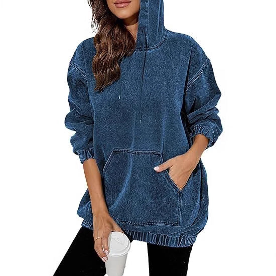 Damen Oversized Kapuzenpullover im Denim‑Look mit Kängurutasche Echo Archiv