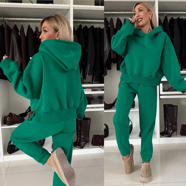 Damen Kurzgeschnittenes Kapuzen-Hoodie und High‑Waist Jogginghose Set aus weichem French-Terry – Auréline