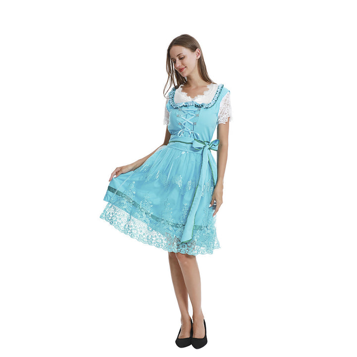 Damen nan romantisches Alpenkleid mit geschnürtem Mieder, Spitzeneinsatz und Taillenschärpe Echo Archiv