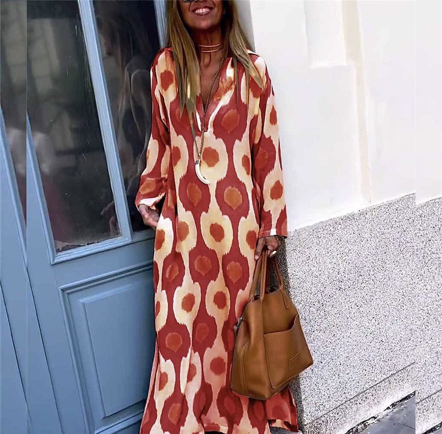 Damen Langes Boho-Maxikleid mit V-Ausschnitt, lockerem Schnitt und auffälligem Allover-Print – Valéora