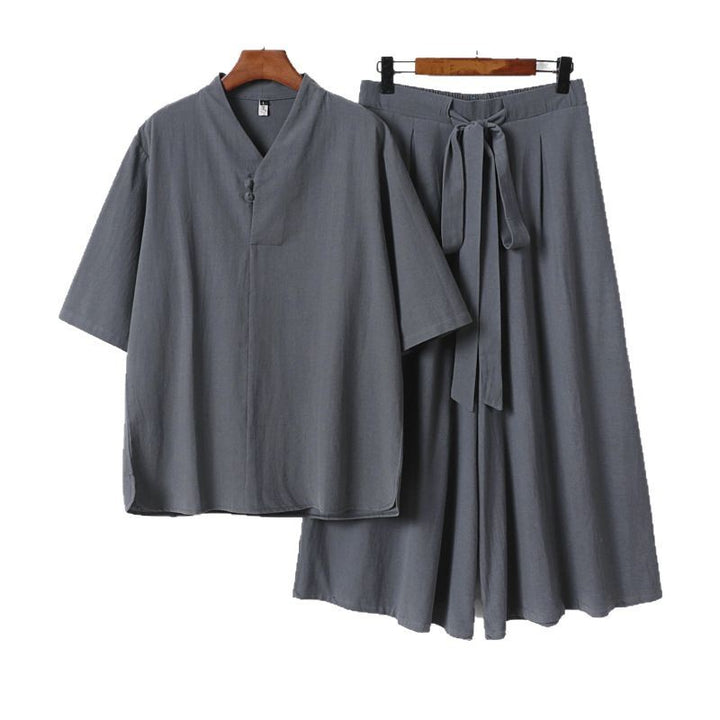 Unisex Zweiteiliges Kimono-Lounge-Set mit Stehkragen Kurzarmtop und weiter Bindbundhose Echoarchiv