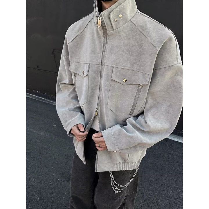 Herren Oversized Wildleder-Optik Utility-Jacke mit hohem Stehkragen Echoarchiv