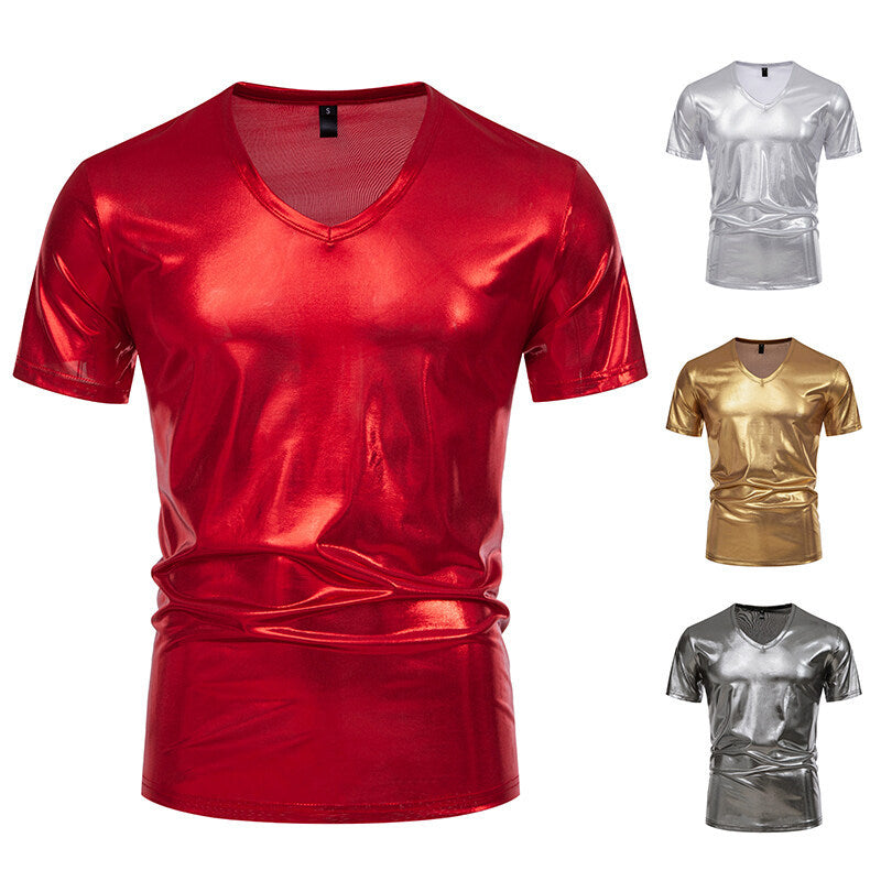 Herren V-Ausschnitt T-Shirt aus glänzendem Material mit persönlichem Stil Echoarchiv