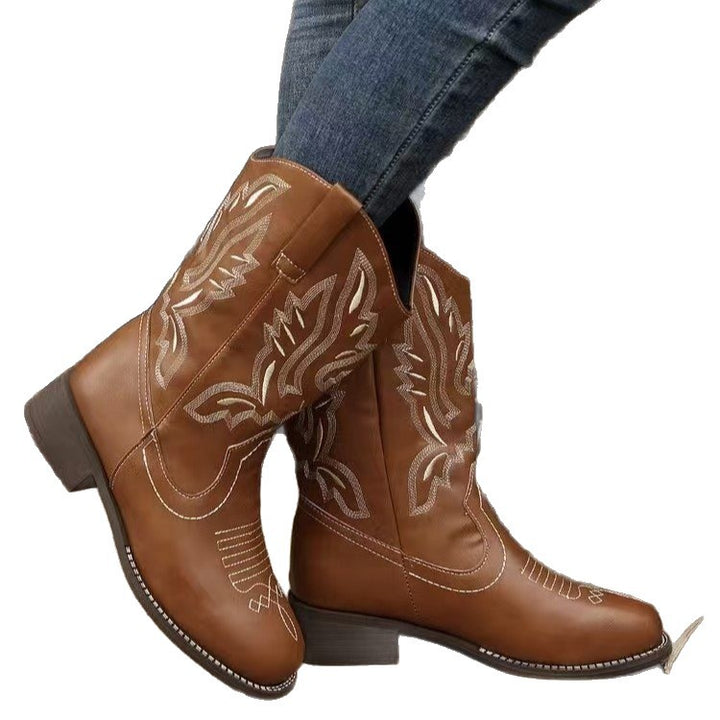 Damen Western-Cowboystiefel mit spitzer Kappe, gesticktem Schaft und mittlerem Blockabsatz Echo Archiv