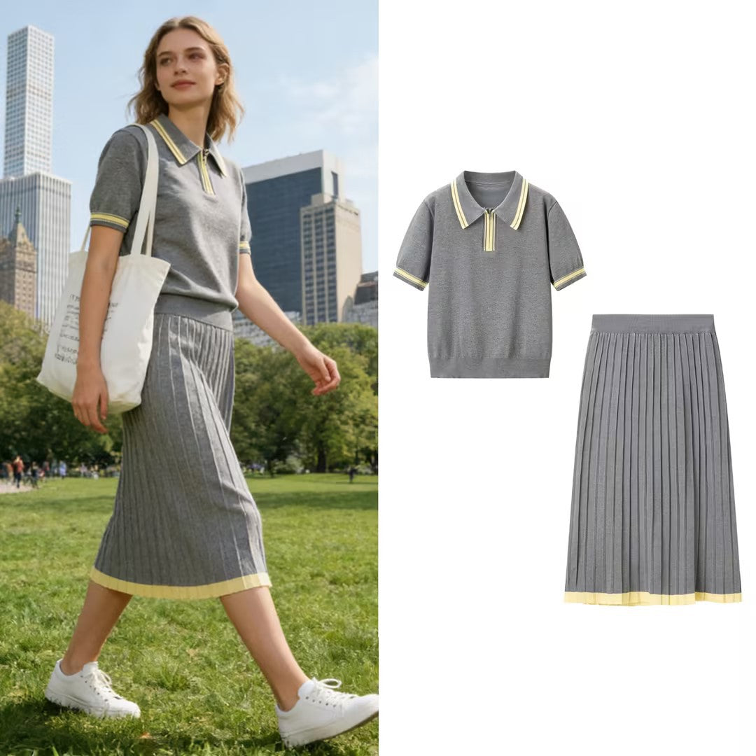Damen Zweiteiliges Strick-Set mit Poloshirt und plissiertem Midirock Echo Archiv
