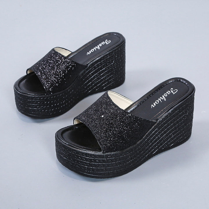 Damen nan offene Plateau-Mule mit glitzerndem Riemen, geprägter Keilsohle und gepolstertem Komfortfußbett Echo Archiv