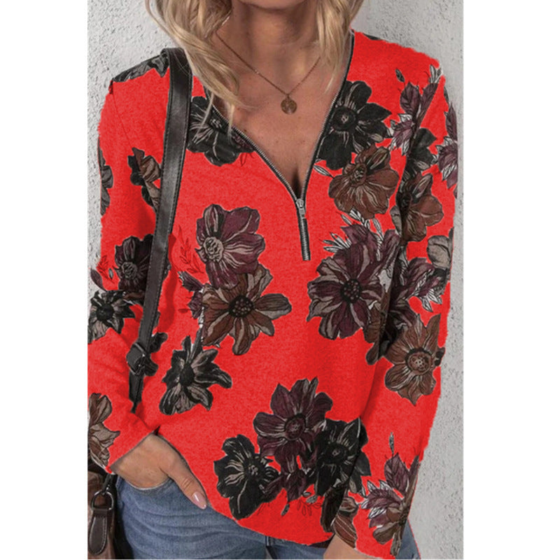 Damen lockeres V-Ausschnitt Longsleeve-Shirt mit kurzem Reißverschluss und floralem Allover-Druck – Orélia