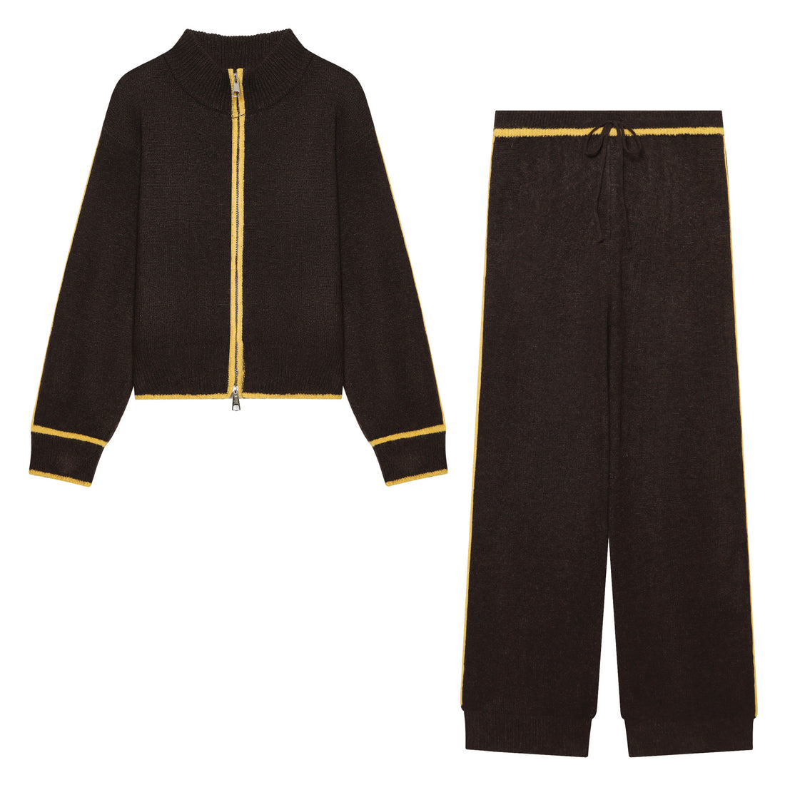 Damen Kuschel-Strickset mit Reißverschluss-Cardigan, Stehkragen und weiter Strickhose Echoarchiv