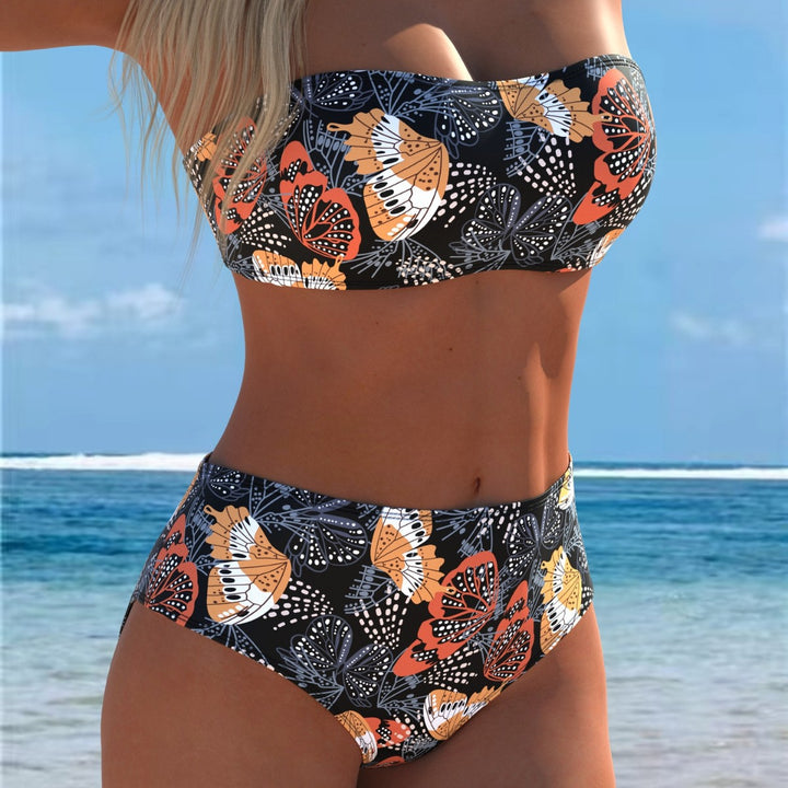 Damen Bandeau-Bikini mit hohem Taillenschnitt und kontrastierendem Blumendesign Echo Archiv