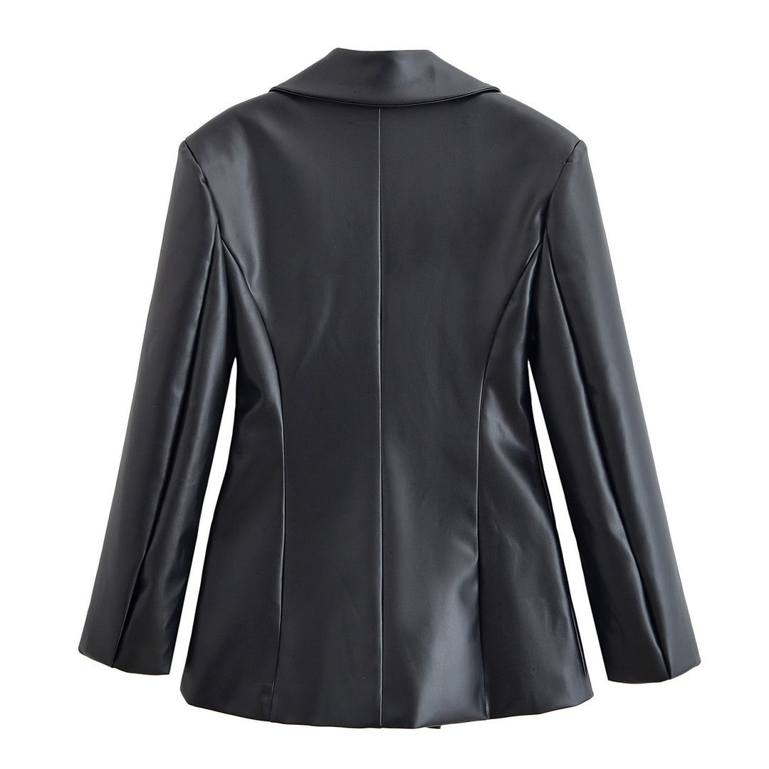 Damen Taillierter Longline-Kunstlederblazer mit Ein-Knopf-Verschluss und Pattentaschen Echo Archiv