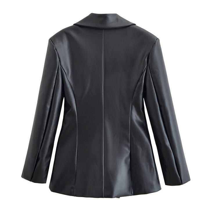 Damen Taillierter Longline-Kunstlederblazer mit Ein-Knopf-Verschluss und Pattentaschen Echo Archiv