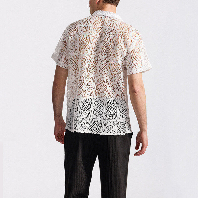 Herren Kurzes Spitzenhemd mit floralem Design und durchbrochenen Mustern Echoarchiv