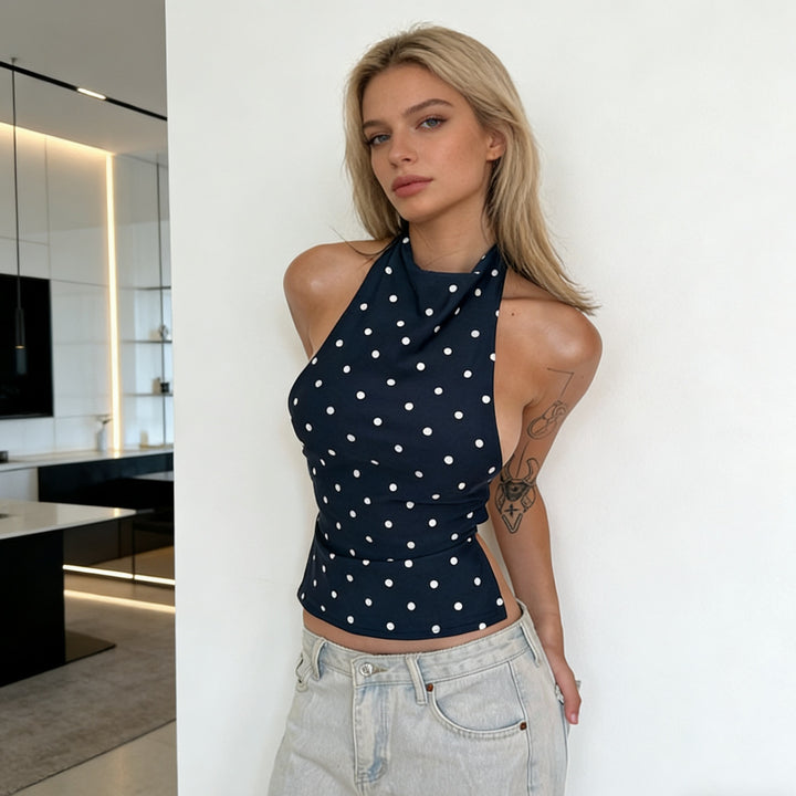Damen Polka-Dots Haltertop mit hohem Kragen und figurformendem Schnitt Echo Archiv
