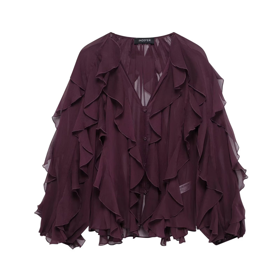 Damen nan feminine Chiffon-Volantbluse mit Ballonärmeln und V-Ausschnitt Echo Archiv
