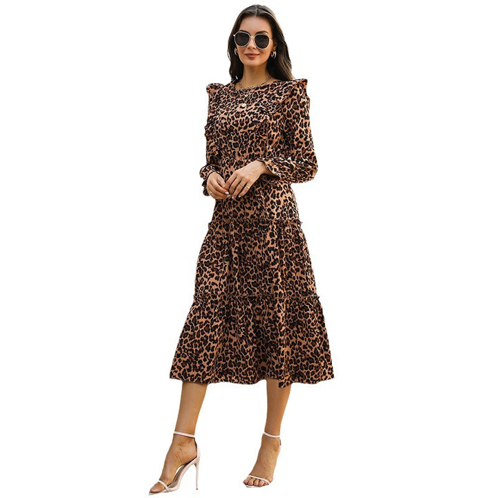 Damen Stufen-Midikleid mit Volantrock, Leo‑Print und elastischen Ärmelabschlüssen Echoarchiv