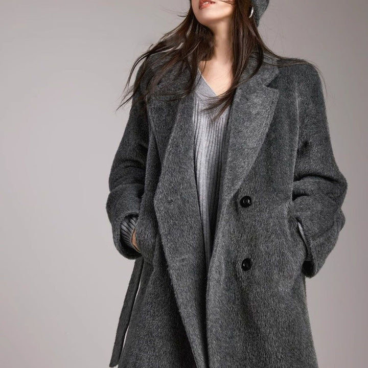 Damen Modischer und eleganter Bouclé-Mantel mit doppelter Knopfleiste Echoarchiv