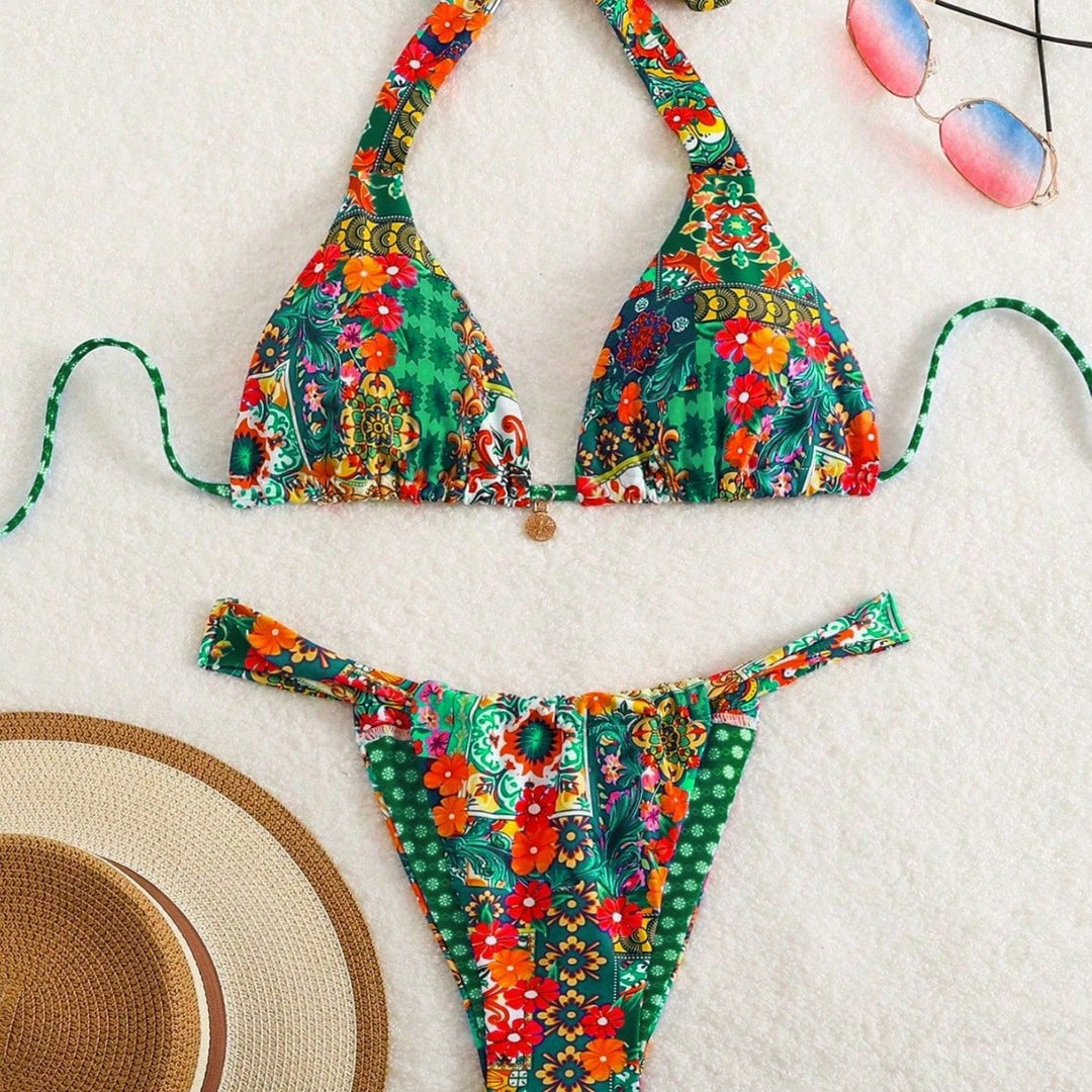 Damen Triangel-Bikini mit floralen Mustern und verspielten Bindebändern Echo Archiv