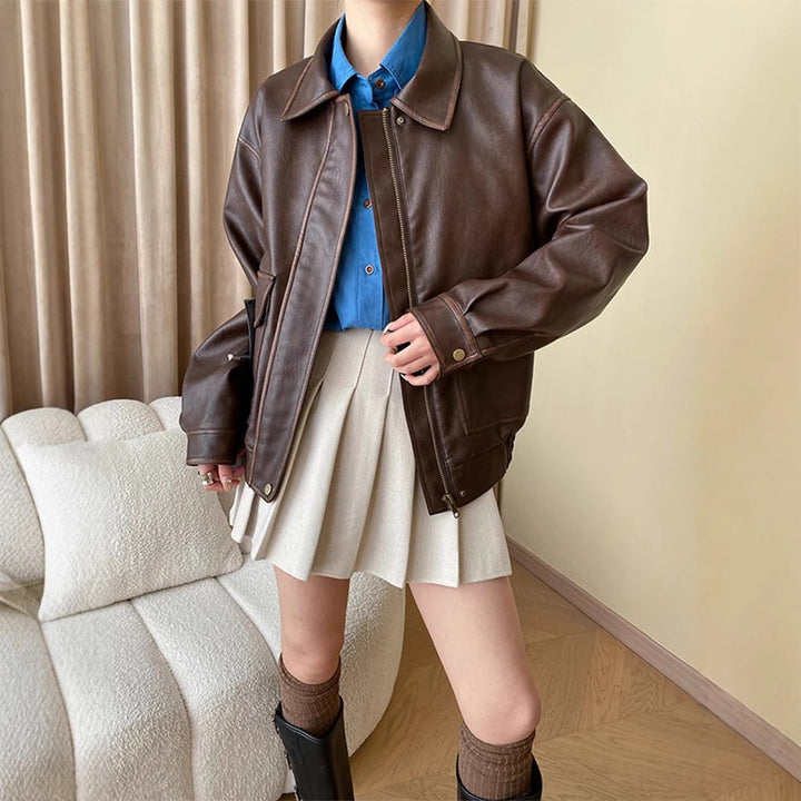 Damen Oversize-Lederimitatjacke mit Hemdkragen und Reißverschluss Echo Archiv
