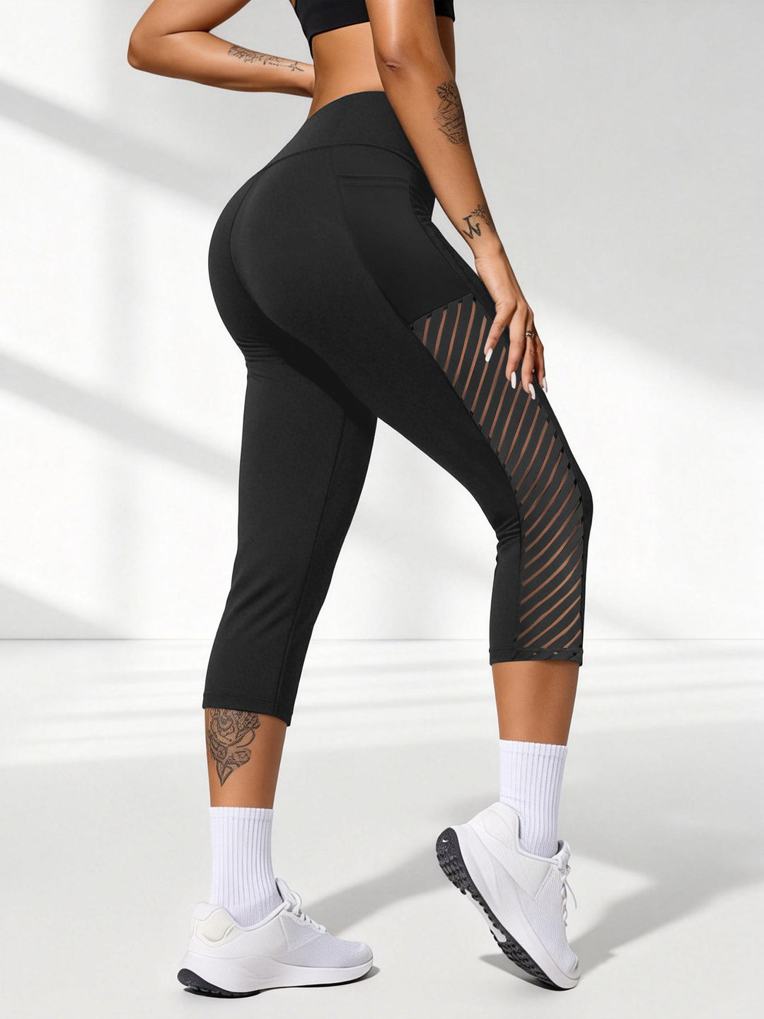 Damen Formende dreiviertel-Sportleggings mit hohem Bund, seitlichem Mesh-Einsatz und Handytasche echoarchiv-