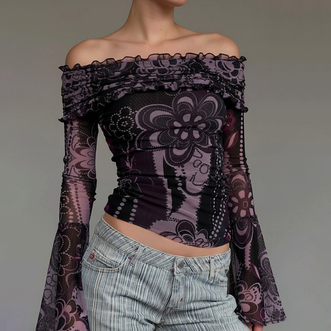 Damen Off-Shoulder Bluse mit eleganten Rüschendetails und weiten Ärmeln Echo Archiv