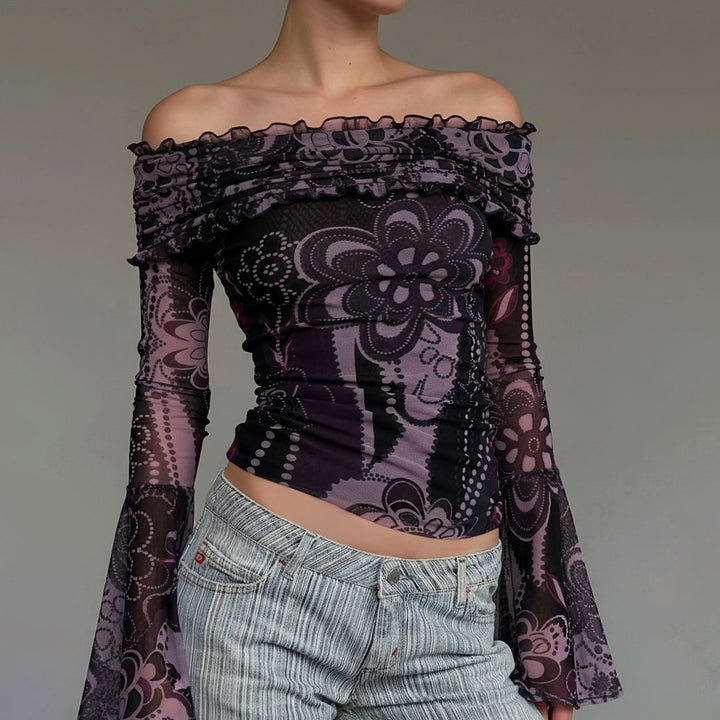 Damen Off-Shoulder Bluse mit eleganten Rüschendetails und weiten Ärmeln Echo Archiv