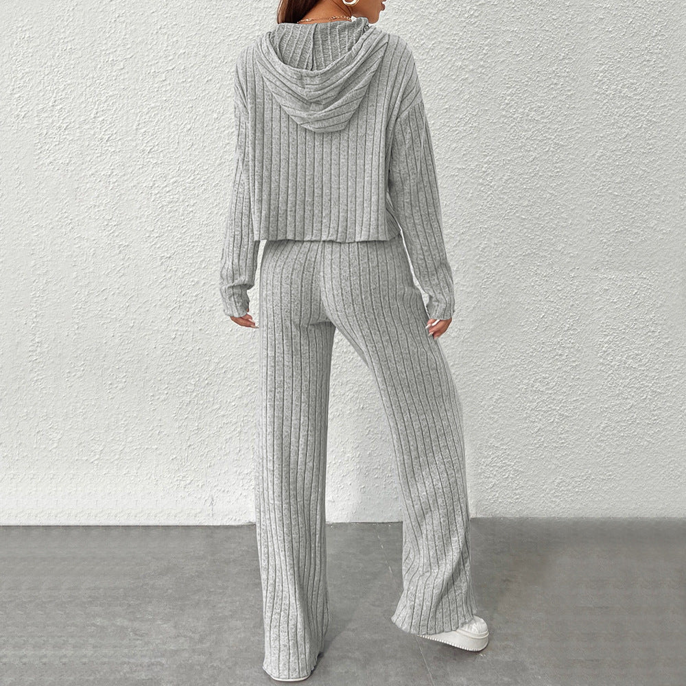 Damen geripptes Lounge-Set mit Kapuzenpullover und weiter Highwaist-Hose – Avérine