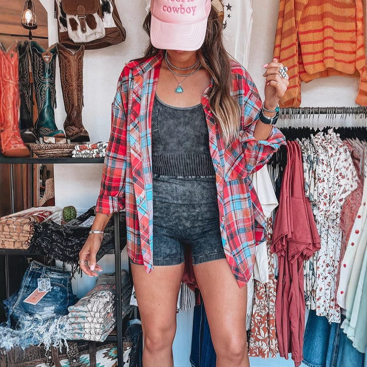 Damen Oversize kariertes Flanellhemd mit Brusttaschen und lässigem Schnitt – Avérine