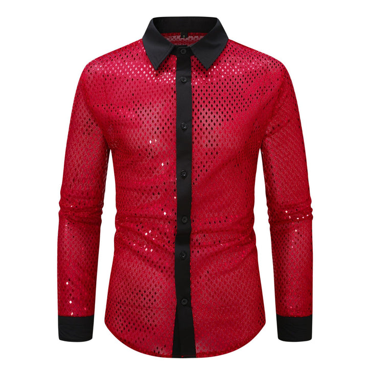 Herren elegantes Langarmhemd mit schimmerndem Design und modischem Kragen Echoarchiv