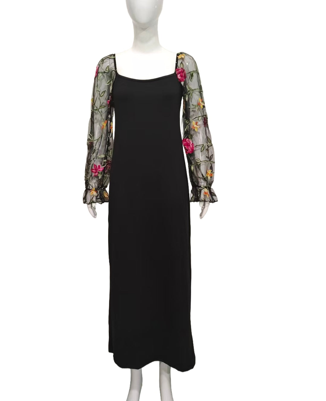 Damen Maxikleid mit schmaler Silhouette und bestickten Tüll-Puffärmeln Echoarchiv
