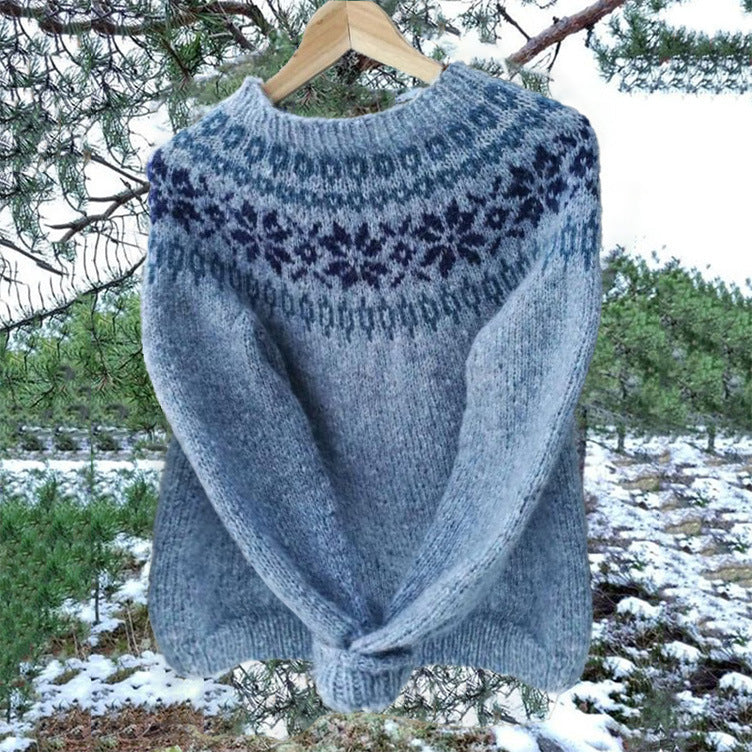 Damen nan melierter Rundhalsausschnittpullover mit kreisförmigem Jacquard-Yoke und geripptem Saum Echo Archiv