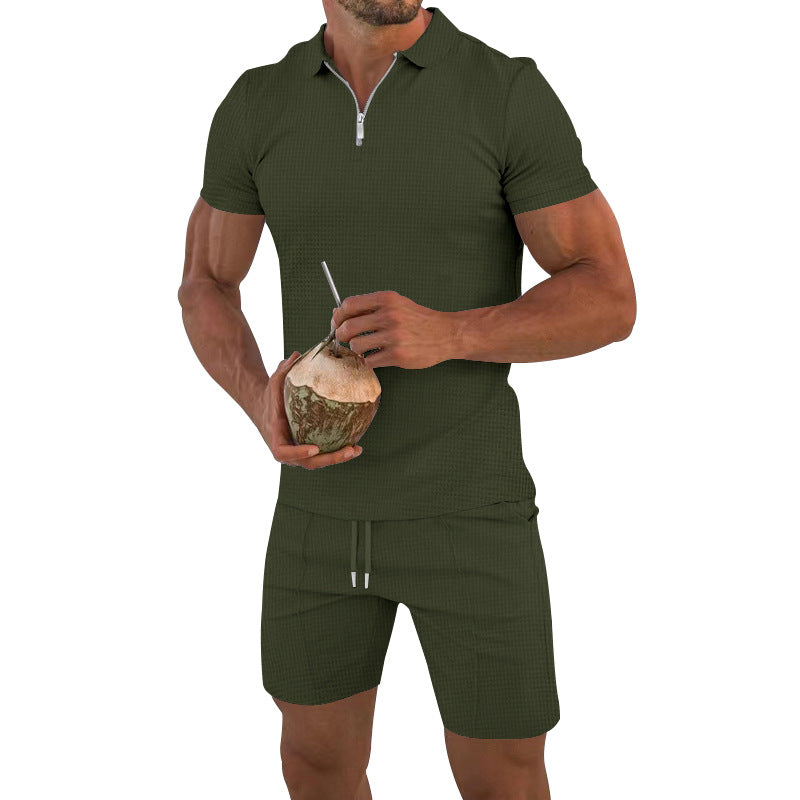 Herren modisches Polo- und Shorts-Set mit strukturiertem Gewebe und funktionalem Reißverschluss Echoarchiv