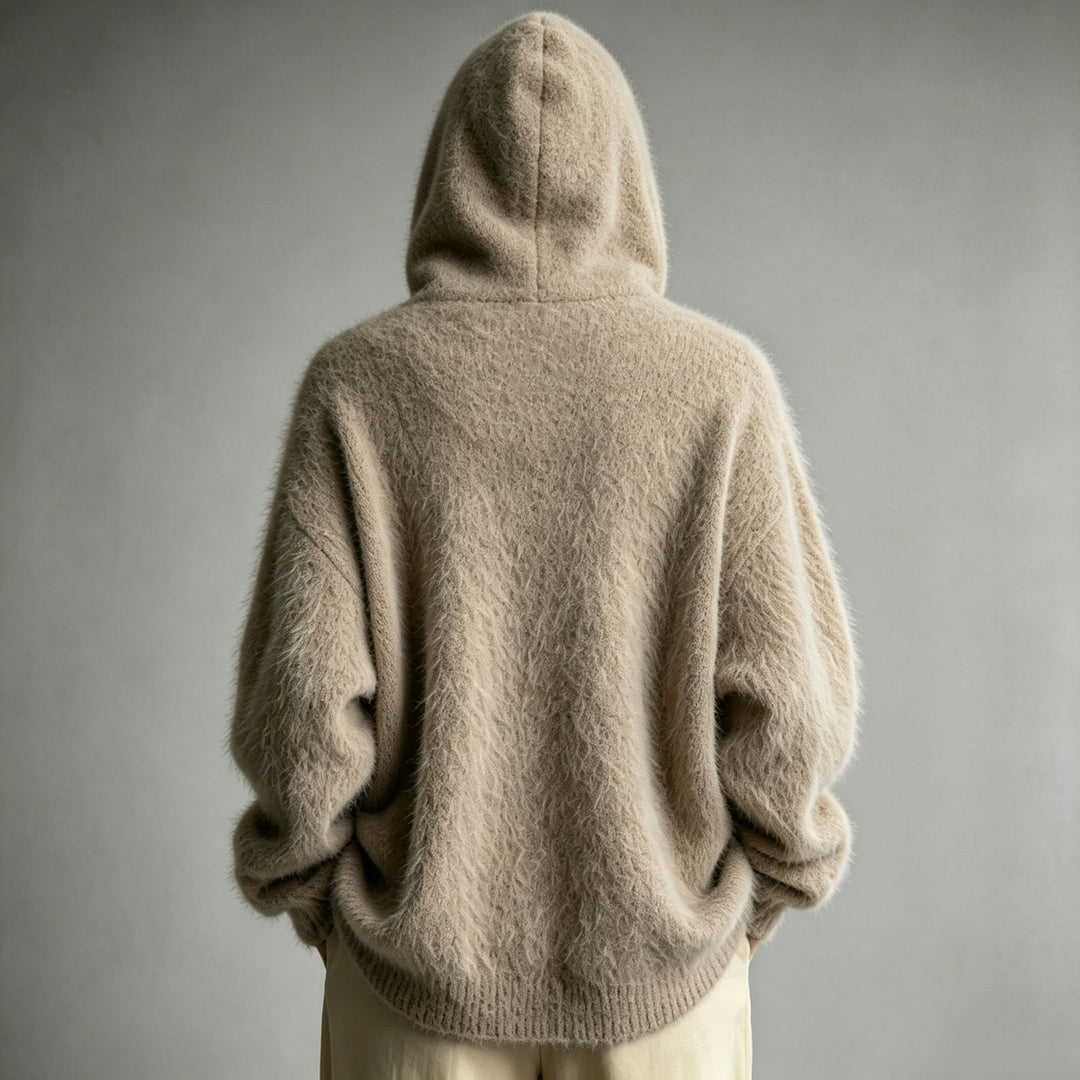 Damen Flauschiger Kapuzen-Cardigan im Mohair-Look mit Knopfleiste – Veloura