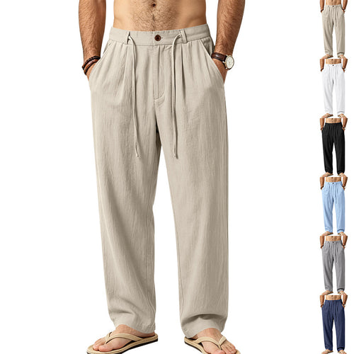 Herren Lässige Loungehose aus Leinenmischung mit Bundfalten und verdecktem Kordelzug Echoarchiv