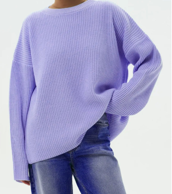 Damen Oversize Strukturstrick-Pullover mit Rundhalsausschnitt und überschnittener Schulter – Mavelle