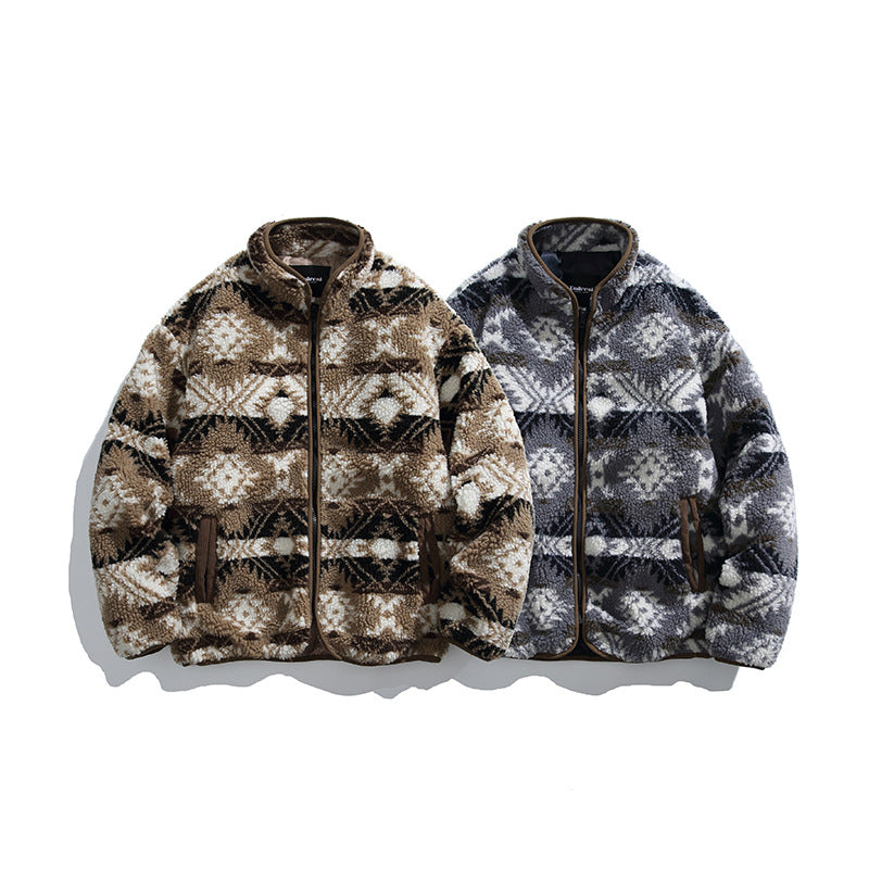 Unisex Teddy-Fleecejacke im Aztekenmuster mit Stehkragen und durchgehendem Reißverschluss Echo Archiv