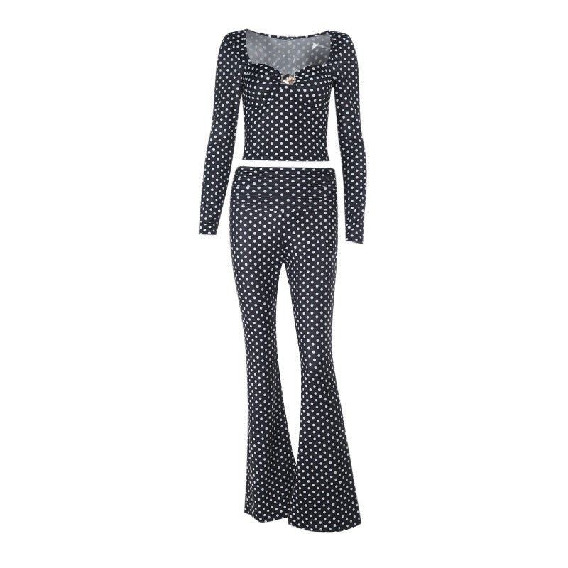 Damen figurbetonter Jumpsuit mit langen Ärmeln und Polka-Dot Muster Echo Archiv