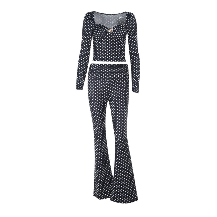 Damen figurbetonter Jumpsuit mit langen Ärmeln und Polka-Dot Muster Echo Archiv