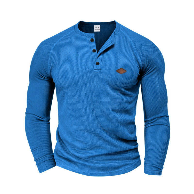Herren nan strukturiertes Waffel-Henleyshirt mit kurzer Knopfleiste Raglanärmeln und Lederpatch Echo Archiv