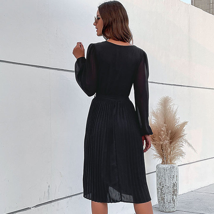 Damen Midikleid mit plissiertem Rock, V-Ausschnitt, transparenten Ärmeln und Taillengürtel Echoarchiv