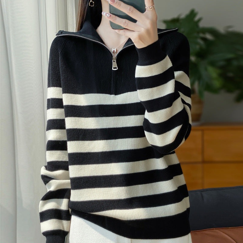 Damen Maritimer Troyer-Pullover aus feinem Rippstrick mit breiten Querstreifen Echoarchiv