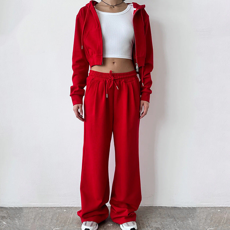 Damen kurzes Zip-Kapuzenjacken- und High-Waist Wide-Leg Jogginghose Set aus weichem French Terry – Élanora