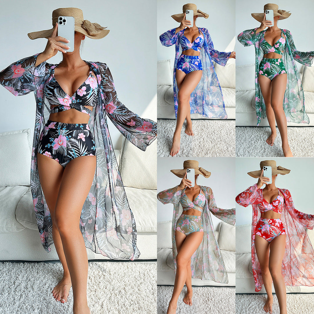 Damen Bikini-Set mit floralem Muster und transparenter Wickeljacke Echo Archiv