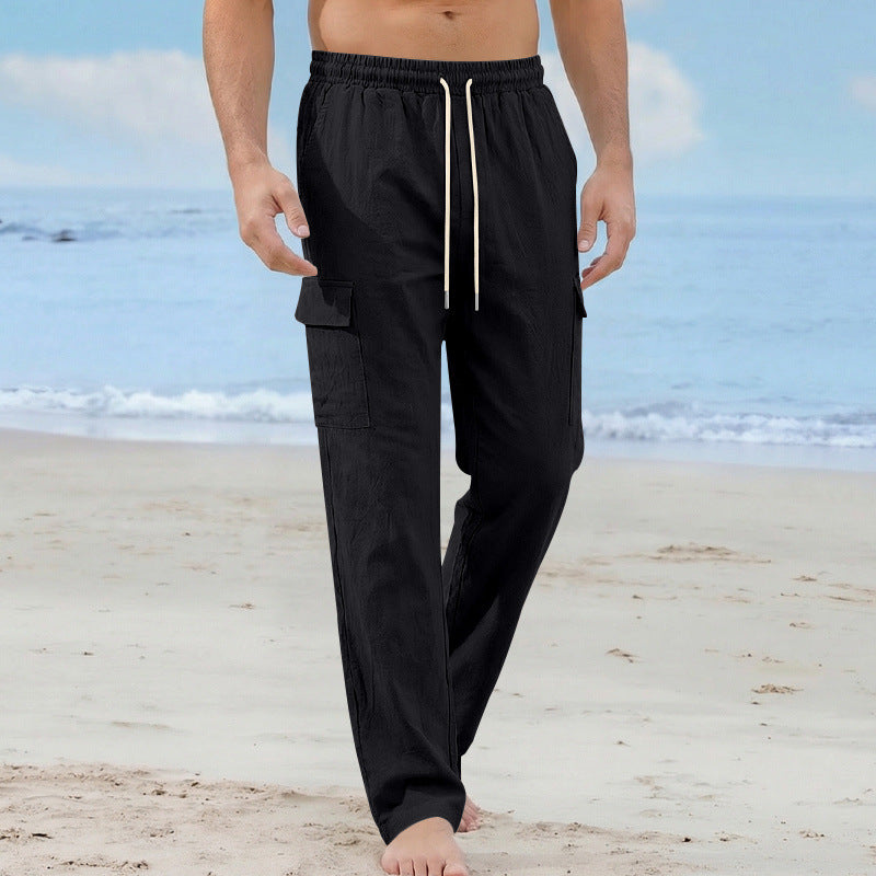 Herren Cargo-Strandhose aus Leinenmix mit elastischem Bund und Kordelzug – Bravaro