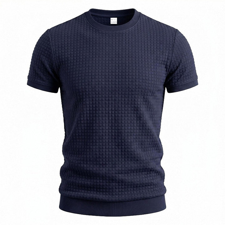 Herren nan kurzärmeliges Strickshirt mit geprägter Karostruktur, Rundhalsausschnitt und geripptem Saum Echo Archiv
