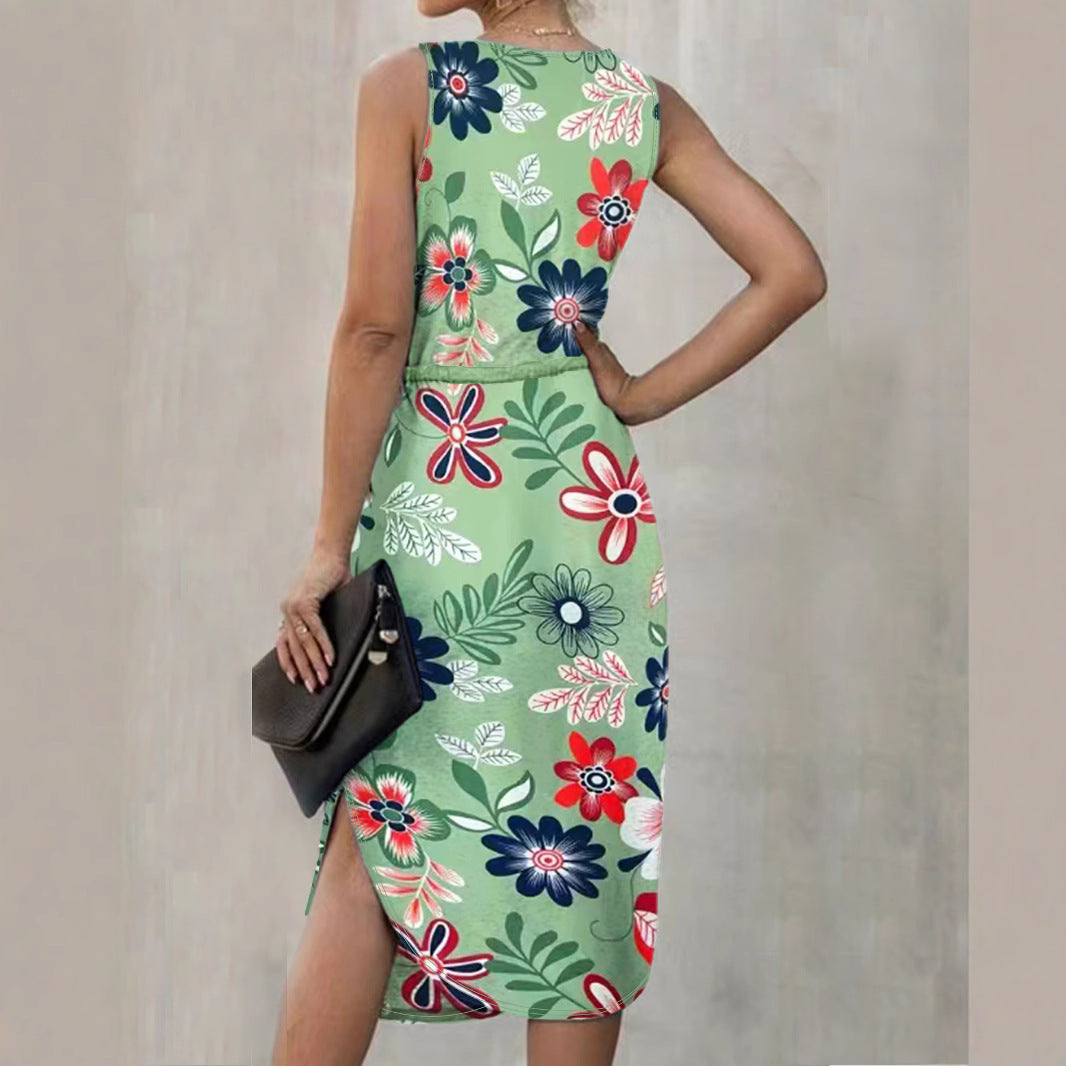 Damen Blumenmaxikleid mit elastischem Taillenkordelzug und seitlichem Schlitz Echo Archiv